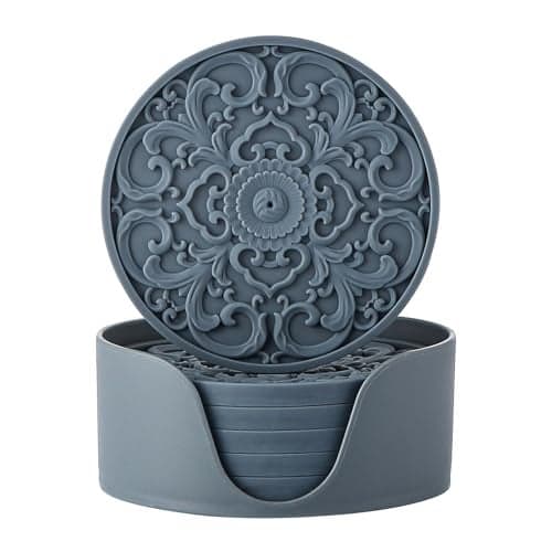 Colinda Silicone Coasters - Set of 6 with Holder, Non-Slip Cup Mats for Hot and Cold Drinks, Decorative Designs, Gift Ready Packaging, Warm Grey
