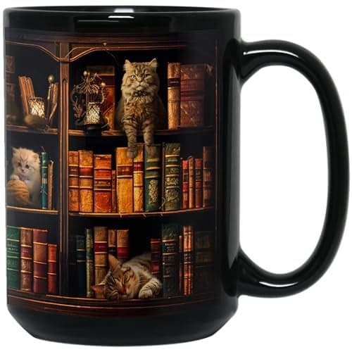 2IMT Cat Book Mug Book Lovers Gifts for Readers - Book Lover Bookish Gifts for Bookworm Women - Library Bookshelf Mug - Best Gift for Cat Lover - Reading Writer Women Black Coffee Cup 15oz