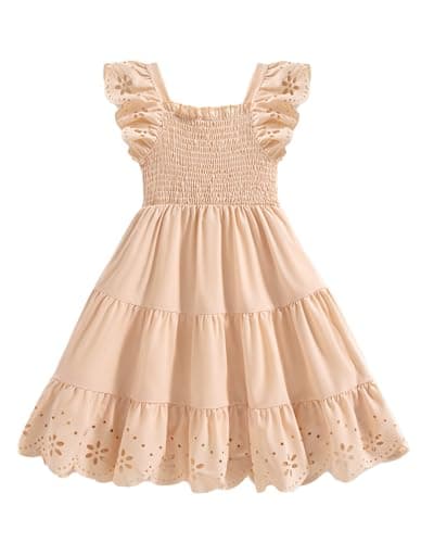 Mioglrie Toddler Girl Dresses Summer Outfits 2T 3T Girl Clothes Prince Ruffle Cap Puff Sleeve Smocking Dresses Apricot Casual Tea Party Sundress