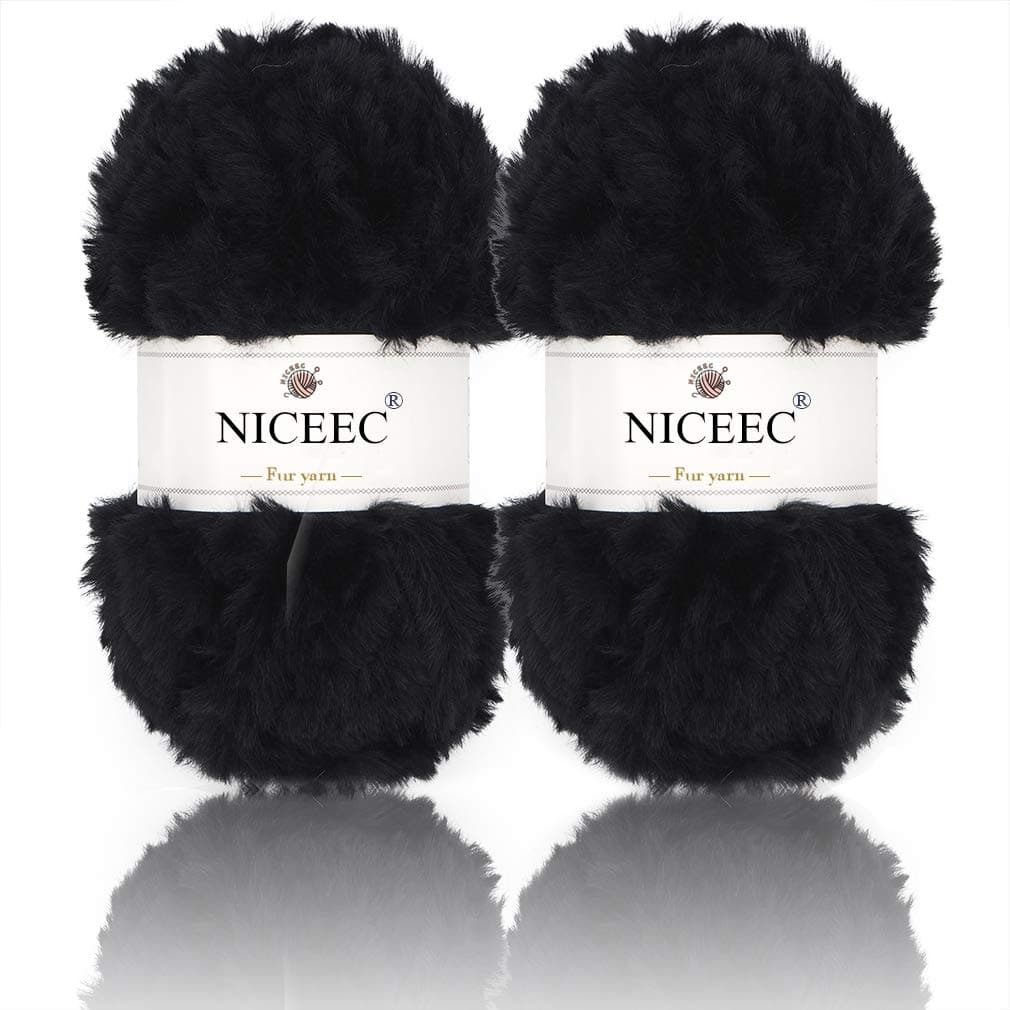 NICEEC 2 Skeins Faux Fur Yarn Super Soft Chunky Fluffy Eyelash Yarn for Crochet Knitting Total Length 70yds353oz Black