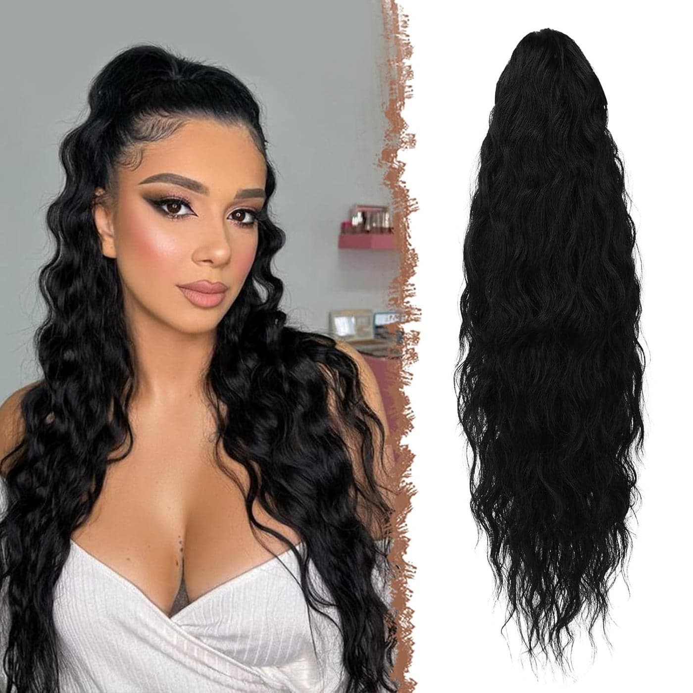 FESHFEN Ponytail Extensions 26 inch Drawstring Long Curly Wavy Clip in Ponytails Synthetic Hair Piece Pony Tail Hairpieces for Women Black
