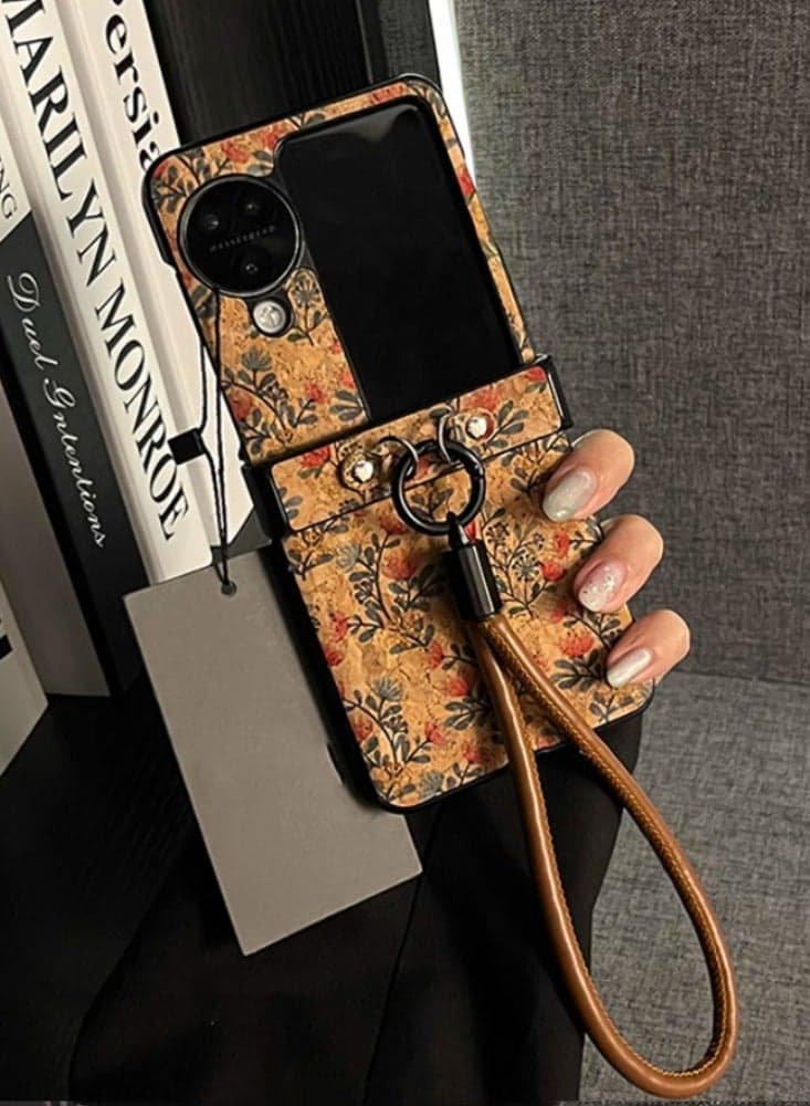 Applicable To Oppo Find N3 Flip Mobile Phone Case Full Coverage Folding Screen High-end Flip Cover Anti-fall Protection Leather Black edge - Retro National Trend Flowers + Brown Black Buckle Leather