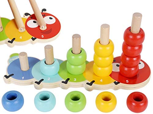 TOWO Wooden Stacking Rings Baby –Lovely Caterpillar Counting Game - Colour Sorting Puzzle - 5 Pegs Ring Stacker - Counting Rings Early Learning Wooden Toys for 1 Year Old Gift First Birthday Boy Girl