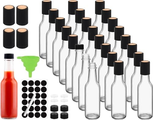 Ahhute Sauce Bottles 5oz Small Olive Oil Bottles with Shrink Capsules Mini Vanilla Wine Bottle for Wedding Favors Gifts Glass Hot Sauce Bottles wBlack Caps and Silicone Funnel Set of 24