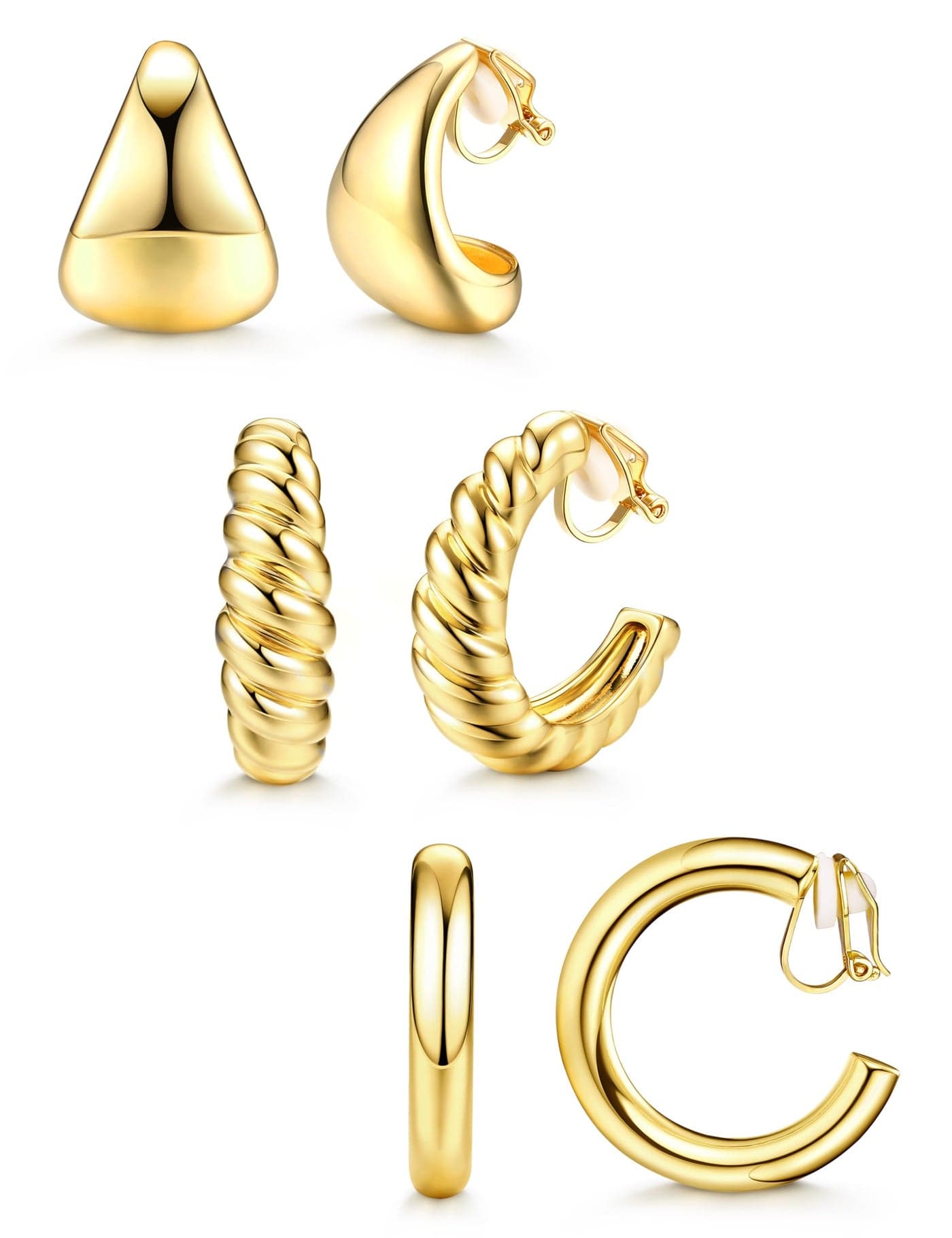 BESTEEL 3Pairs Clip on Earrings for Women Trendy Hypoallergenic 14K Gold Plated Chunky Tube Croissant Waterdrop Clip-on Hoop Earrings Set Fake Jewelry Non Pierced Ears