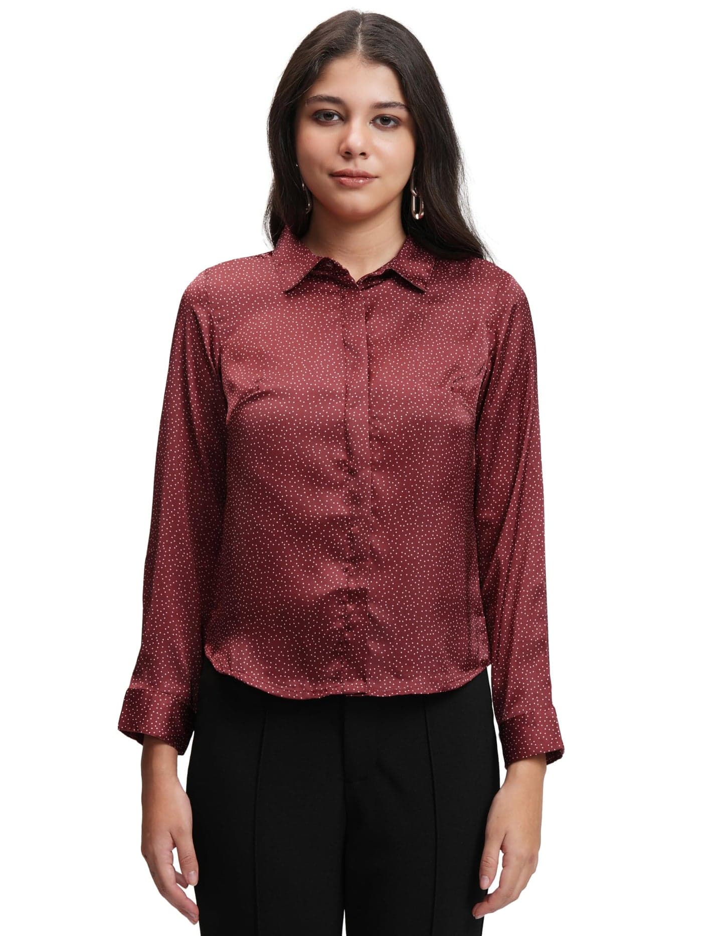 Tokyo Talkies Women's Micro Ditsy Polka Dot Printed Satin Casual Shirt | Lightweight & Chic | Button-Down | Shirts for Woman | Women Shirts | Women Casual Shirt