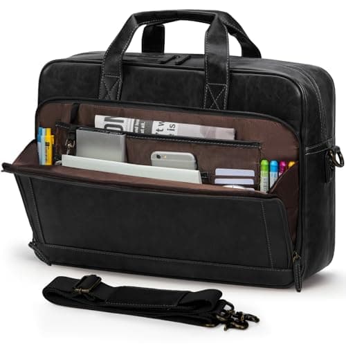 RAINSMORE Mens Laptop Bag 16 Inch Leather Briefcase Vintage Messenger Bag for Men Large Crossbody Shoulder Office Computer Bag Retro College Satchel for Work, Business,Travel, Black
