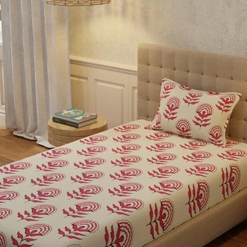 Urban Space Serene 200 TC 100% Cotton Floral Bedsheet For Single Bed With 1 Pillow Cover, Single Bedsheet (Florabell Cherry Red, Size 58 X 90 Inches), Small_Single