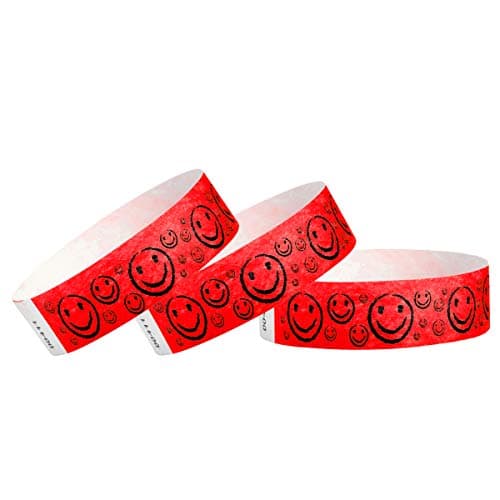 200 WristCo Neon Red Smiley Face Tyvek Wristbands for Events - ¾” x 10” - Waterproof Recyclable Comfortable Tear Resistant Paper Bracelets Wrist Bands for Concerts Festivals Admission Party