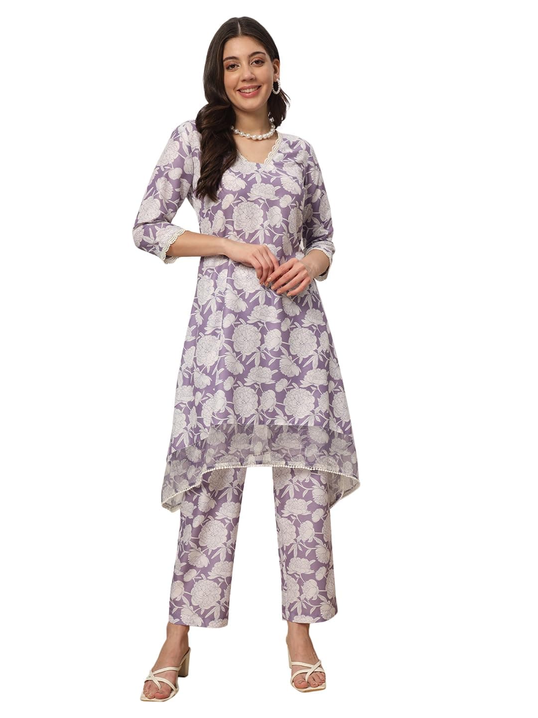 FIORRA Women's Lavender Cotton Blend Printed Tunic with Pant Co-ords Set SET0146