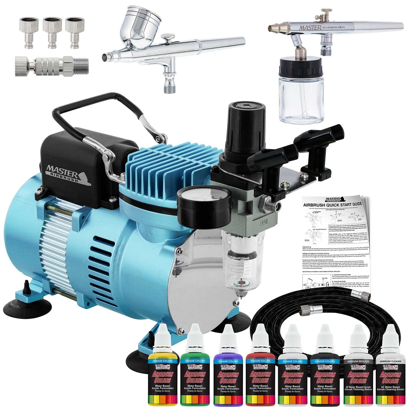 Master Airbrush Cool Runner II Air Brush Kit with Air Compressor Dual Fan Gravity Siphon Feed Airbrush Set 6 Color Acrylic Paints Primary Opaque Colors HowTo Guide Manual