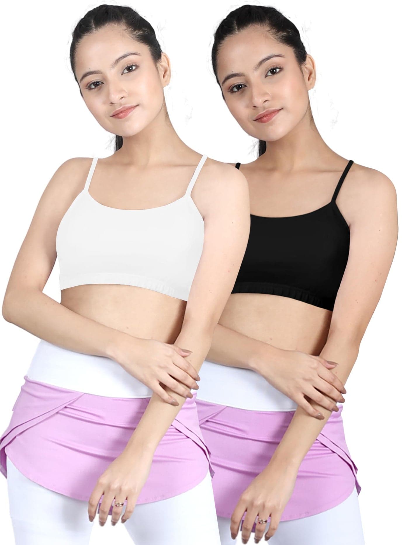 DChica Essentials Sports Bra for Girls, Cotton Non-Padded Full Coverage Beginners Non-Wired T-Shirt Gym Workout Bras with Regular Broad Strap, Training Activewear for Teenager Kids (Pack of 2)
