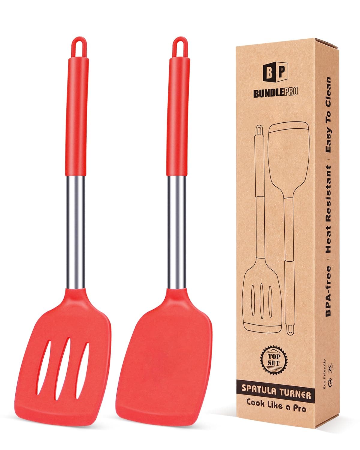 Pack of 2 Silicone Solid Turner Non Stick Slotted Kitchen Spatulas High Heat Resistant BPA Free Cooking Utensils Ideal Cookware for Fish Eggs PancakesRed