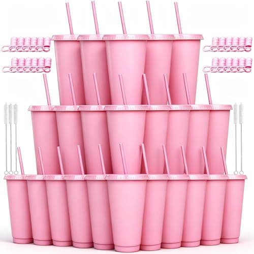Alohastarttg 24 oz Reusable Plastic Cups, Custom Cups for Party with Lids and Straws, 24 Pack Iced Coffee Travel Mugs or Mean Girls Party Tumblers, Leak Proof Coffee Travel Mug (24, Pink)