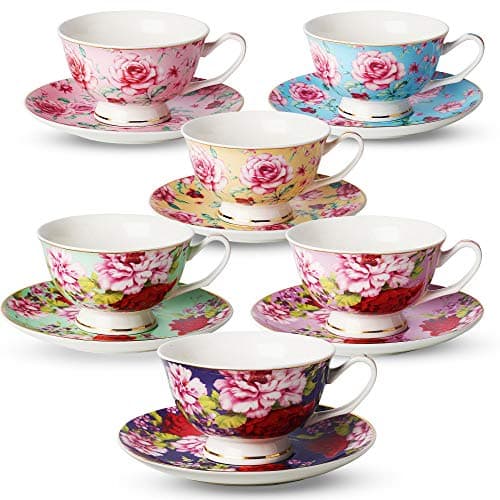 BTaT Tea Cups and Saucers Set of 6 Floral 8oz Porcelain Cups for Tea Party Rose Mothers Day Gift