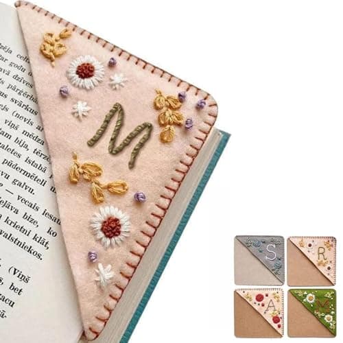 Personalized Hand Embroidered Corner Bookmark, 26 Letters Cute Flower Embroidered Corner Bookmark Embroidery Book Marker Clip for Book Lovers Bookmarks for Reading Lovers Meaningful GIF (Spring, M)