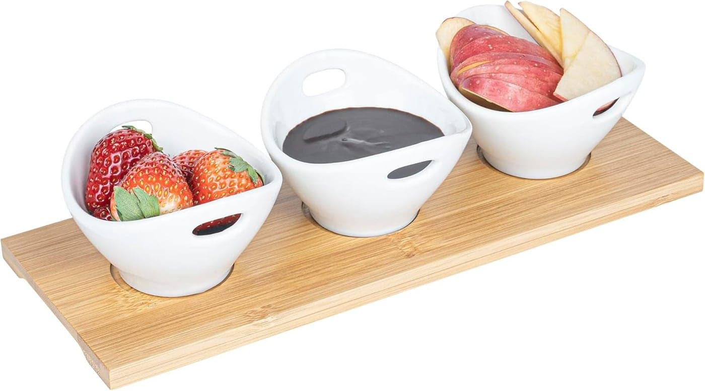 Restaurantware Porcelain Basket Bowl Set with Tray Three 35 Inch bowls with Rustic Bamboo Tray Great for Parties or Serving Snacks White 6 Ounce 1ct Box
