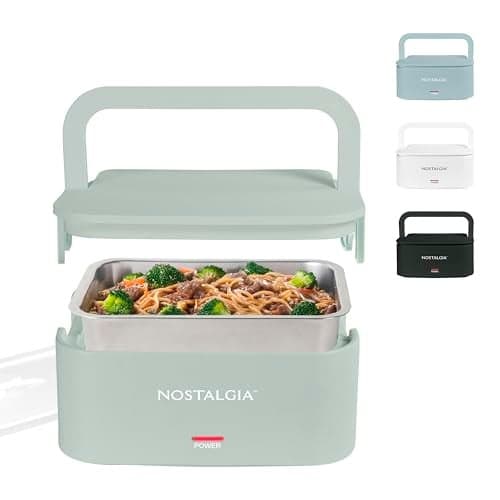 Nostalgia 32-Ounce Heated Electric Lunch Box – Travel Size 4 Cup Capacity for Soup, Pasta, and Leftovers – Leak-Proof Silicone Sealed Lid, Foldable Carry Handle, Detachable Cord – Sage