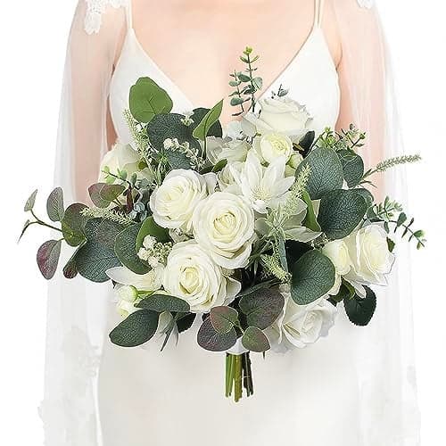 Rinlong Wedding Bouquets for Bride White Sage Green Bridal Bouquet for Wedding Artificial Flowers Silk Bouquet Ceremony