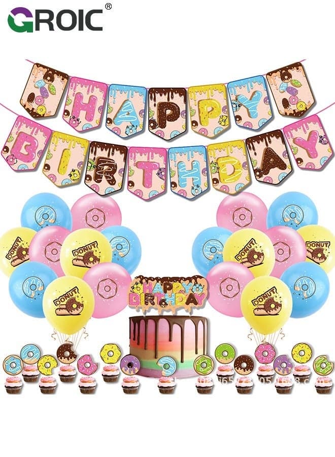 88 Pcs Birthday Party Supplies and Decorations Pack, Doughnut Theme Decoration, Include Banners, Tablecloths, Cake Toppers, Balloons, Plates, Napkins, Ribbon