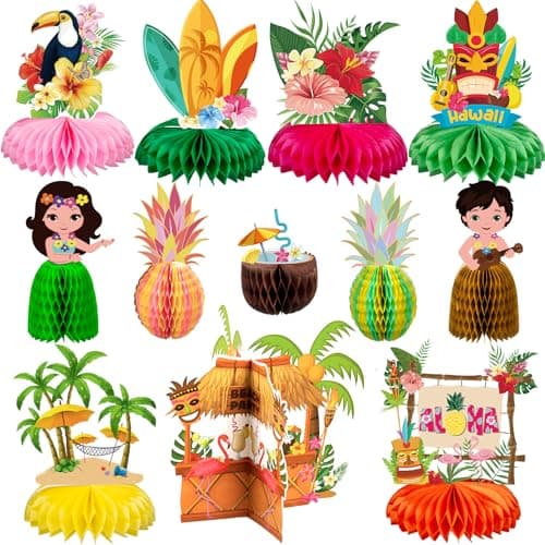 12Pcs Hawaiian Luau Party Table Decorations Double sided Aloha Flamingo Honeycomb Centerpieces Table Decorations for Hawaiian Tiki Birthday Wedding Pool Party Supplies