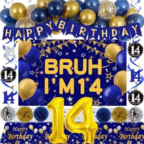 14th Birthday Decorations for Boys Blue and Gold Happy 14th Birthday Decorations Boy Bruh Im 14 Backdrop Happy Birthday Banner Tablecover Number 14 Balloons Pompoms14 Year Old Boy Bday Party Decor