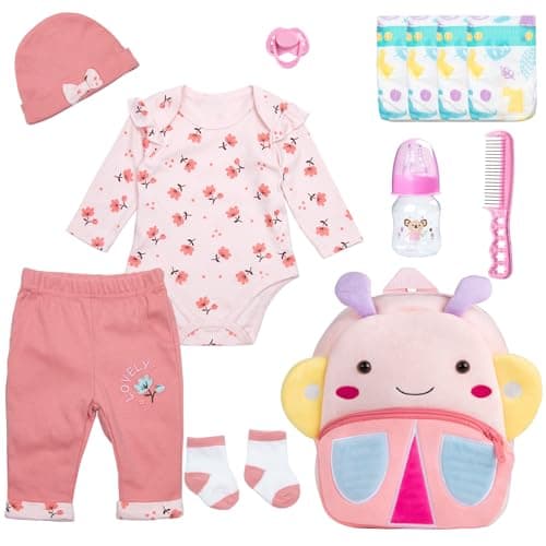 Reborn Baby Dolls Clothes Girl Outfit Accessories Pink Flower 12 Pcs for 1722 Inches Reborn Dolls Newborn Girl with Butterfly Backpack