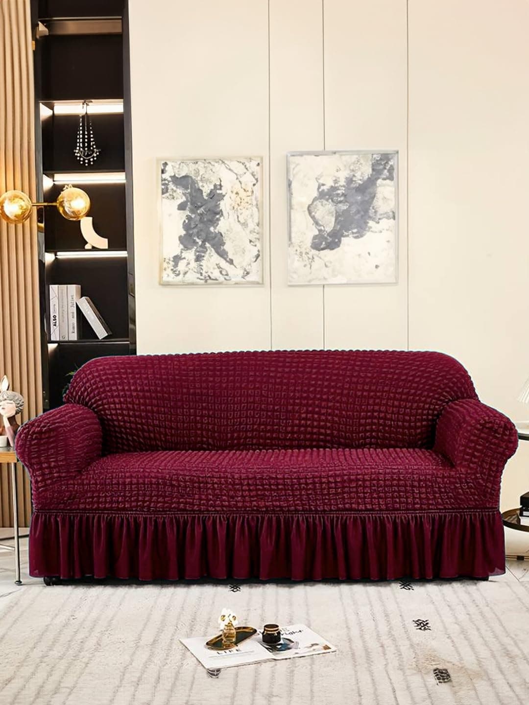 VORHANG Stretch Sofa Slipcover Easy Fitted Sofa Couch Cover with Skirt (Maroon -3 Seater) Pack of 1