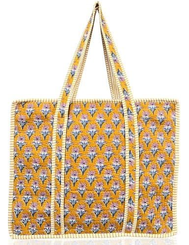 Third Eye Export 100% Cotton Quilted Tote Bag 18x16– Large Zipper Beach Bag & Travel Bag Yellow Purse Reusable Grocery Bags (Gamboge Cherry Block Print)