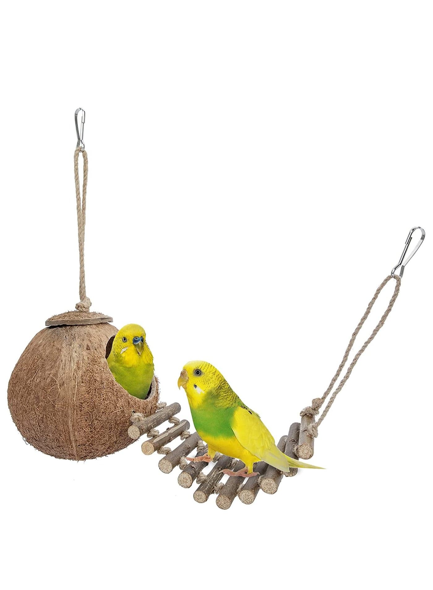 Natural Coconut Fiber Shell Bird Nest, Hanging Coconut House Coconut Bird Nest Hut with Ladder Toys for Canary Parrot Parakeet Lovebird and Hamster