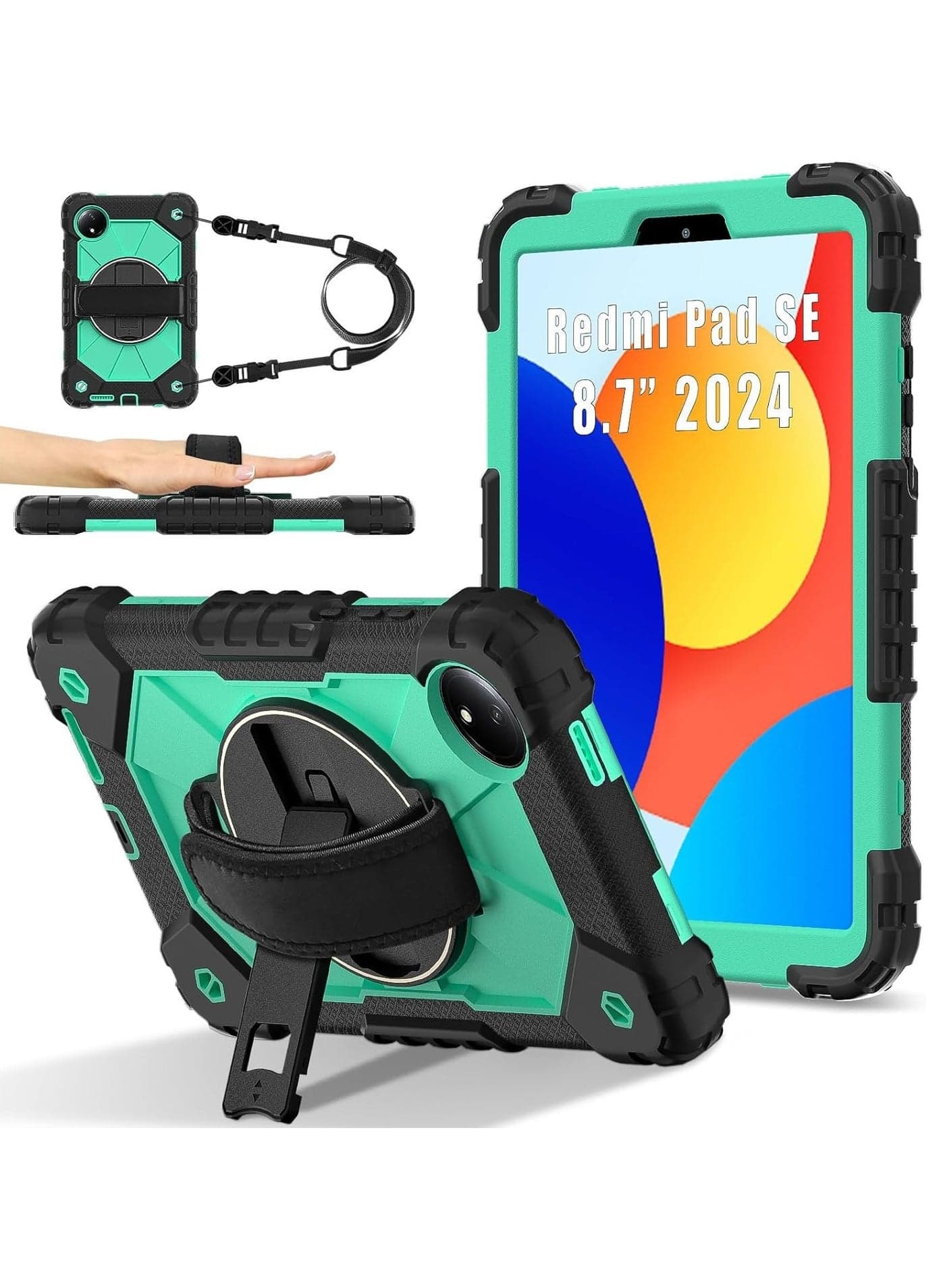 Kids Case Compatible with Xiaomi Redmi Pad SE 8.7 inch 2024 Tablet Cover Hard PC Shockproof Strap Shell Wristband Rotating Bracket For Redmi Pad SE 8.7