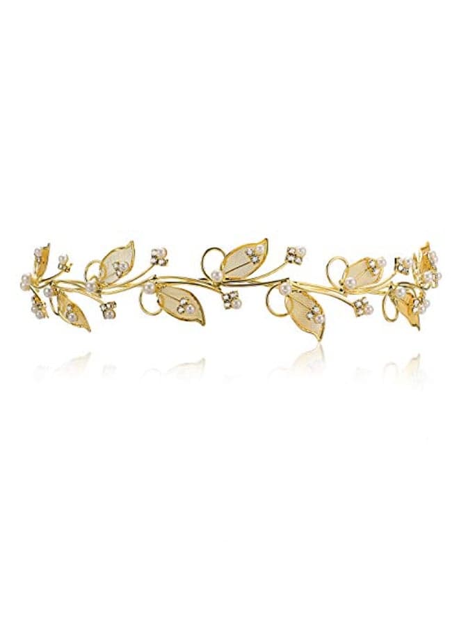 SAMKY Brides Crystal Crown Gold Pearl Wedding Tiara Elegant Bridal Headpieces for Woman
