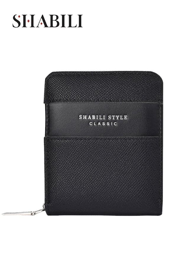 Men PU Wallet Coin Purse Card Holder Passport Bag Multi-Pocket Stitching Patchwork Design, Gents Youth Compact Travel Organizer for Daily Casual Party Business Commute Convenience (Black)