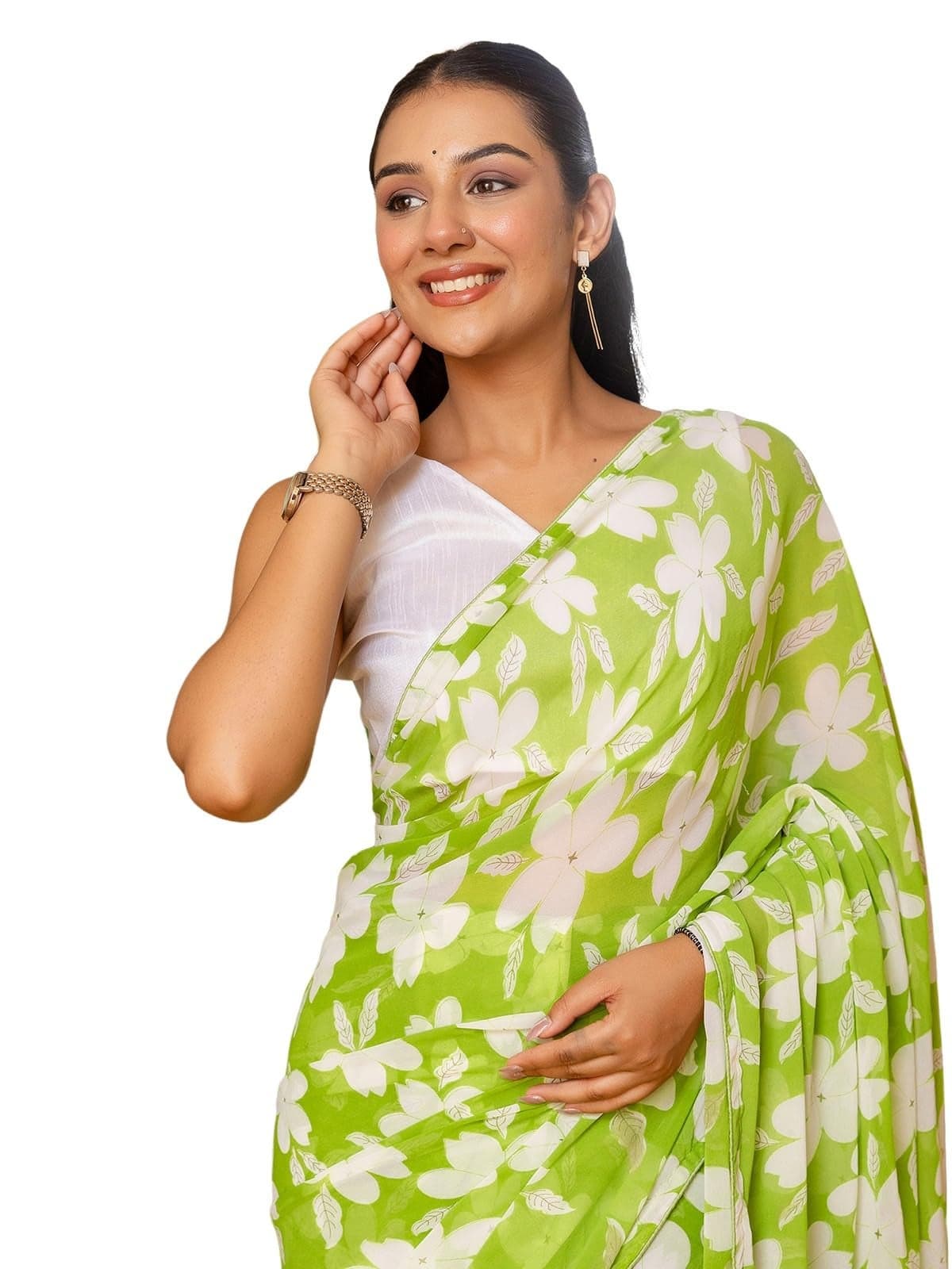 Satrani Women's Georgette Floral Printed Ready To Wear One Minute Pre Stitched Saree with Unstitched Blouse Piece (66RS113N_Parrot Green)