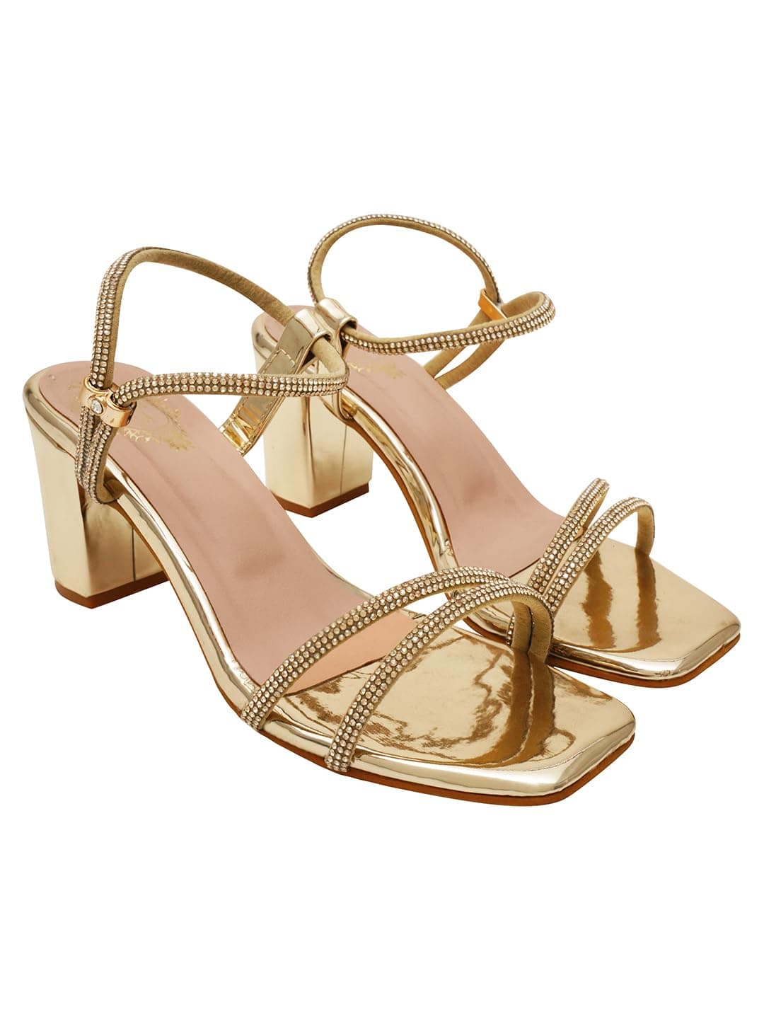 Shoetopia Stylish Strappy Block Golden Heels for Women – Open Toe Ankle Strap Sandals || Perfect for PartiesWeddings & Night Out Comfortable & Stylish EU38