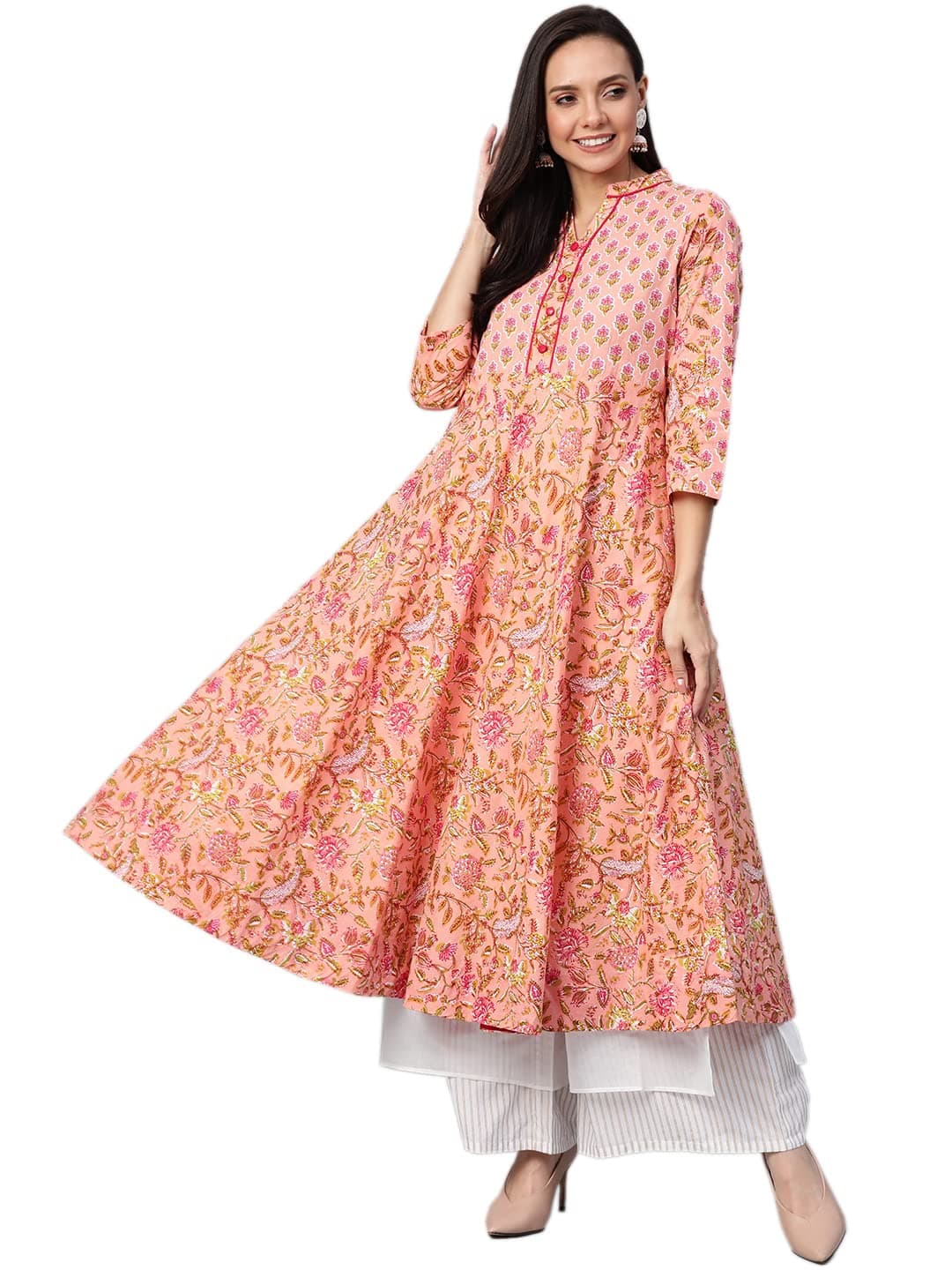 Yash Gallery Women's Cotton Floral Print Anarkali Kurta (Pink)