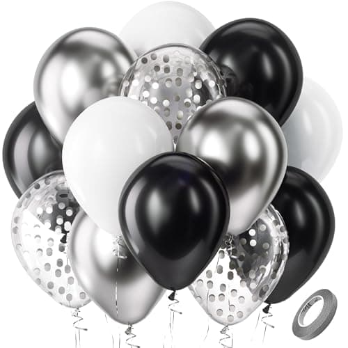 Bezente Black Silver Confetti Latex Balloons60pcs 12 inch Black White Silver Metallic Chrome and Confetti Balloons for New Year Birthday Baby Shower Wedding Theme Party Decoration