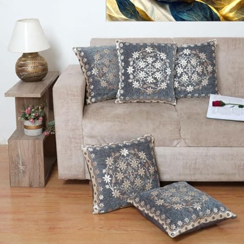 HOMECROWN Velvet Cushion Covers Set of 5 – 16x16 Inches, Embroidered Sofa Pillow Covers for Home, Living Room & Bedroom (Grey)