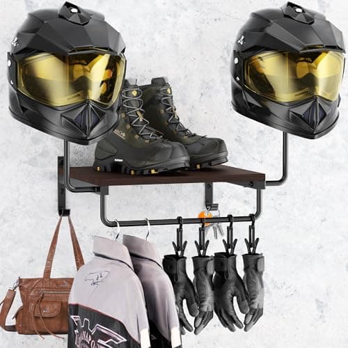 YITOBA Motorcycle Helmet Holder Wall Mount, Motorcycle Gear Rack, Football Helmet Stand, Helmet Hanger with Hooks and Clips, Helmet Display and Jacket Holder, Motorbike Accessories Storage (Black)
