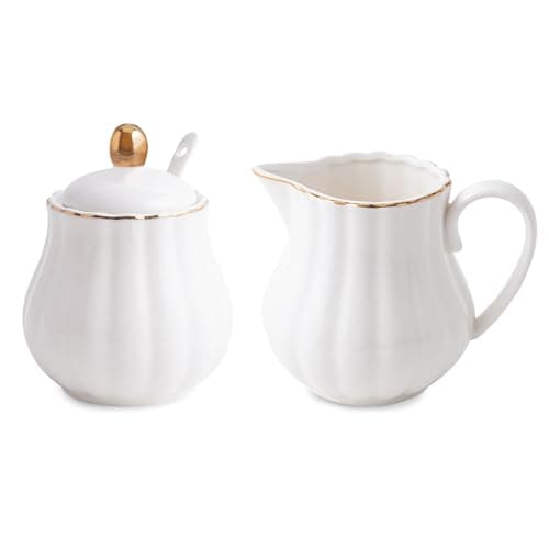 Agyiuns Ceramic Sugar and Creamer Set, 3 Piece with Cream Pitcher, Sugar Bowl with Lid and Spoon,Coffee and Tea Serving Set (White with gold line)