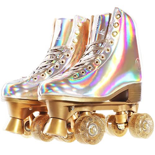 JajaHoho Roller Skates for Women Holographic High Top PU Leather Rollerskates Shiny DoubleRow Four Wheels Quad Skates for Girls and Age 850 Indoor Outdoor Size 5 Champagne Gold