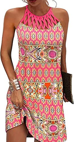 Size S Bohemia Pink Summer Dresses for Women 2025 Casual Floral Hollow Out Halter Neck A-line Beach Vacation Holiday Sundresses with Pockets
