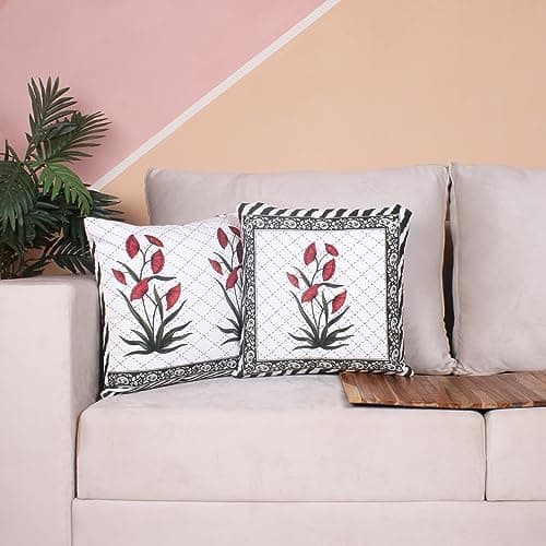 STITCHNEST Both Side Block The Floral Charm Ochre Cushion Cover Set of 2 (12 x 12 Inches - Car Cushion Cover)