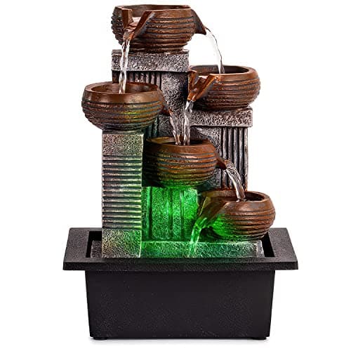 Indoor Fountains and Waterfalls from 5-Tiered Pots-12”H Tabletop Water Fountain-Desk Fountain-Office Decor with Audible Calming Waterfall Sounds-Zen Fountain with Color Lights