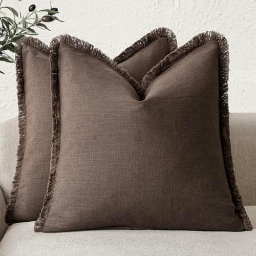 Foindtower Set of 2 Decorative Linen Fringe Throw Pillow Covers Boho Farmhouse Cushion Cover with Tassels Soft Accent Pillowcase for Couch Sofa Bed Living Room Home Decor2020 InchReddish Brown
