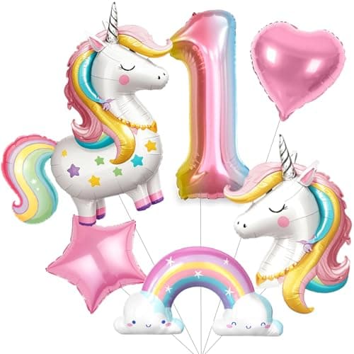 SNLN Unicorn 1st Birthday Party Decorations for Girls Large Self Standing 3D Unicorn Foil Balloons with Rainbow Heart Star Balloons Wedding Baby Shower Pink Party Supplies number 1 set