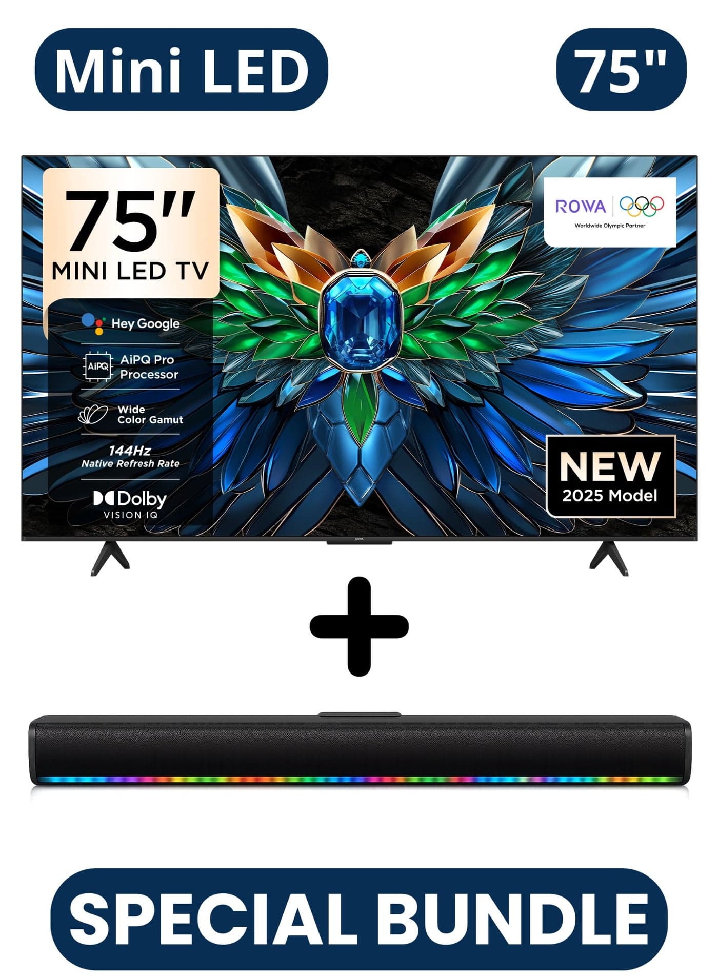 ROWA 75 Inch R85 4K Mini LED TV + 2.0 Channel Portable Soundbar With Built In Battery & LED Lights | Google TV With AiPQ Pro Processor, 144Hz Refresh Rate, Dolby Vision IQ, Dolby Atmos, 2.1Ch Onkyo Audio - 75R85+SOUNDBAR Black