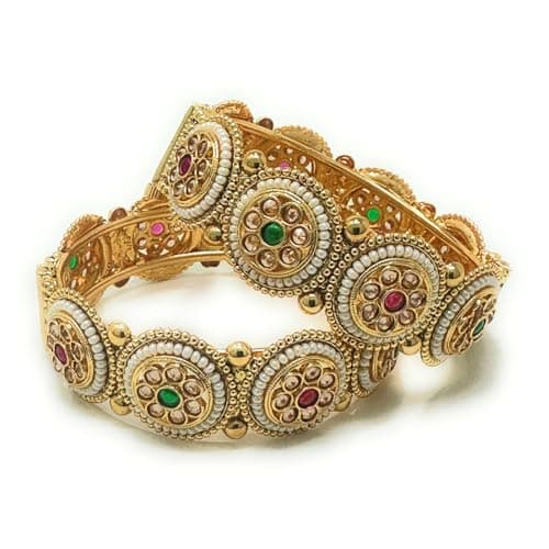 Duel On Jewel Women’s Handcrafted Bangle Bracelet Set, Gold-Plated Filigree Kada, Floral Polki Design, Red & Green Stones, Tiny White Pearl Edge, 0.90-Inch Width, Ideal for Party, Gifts, Wedding