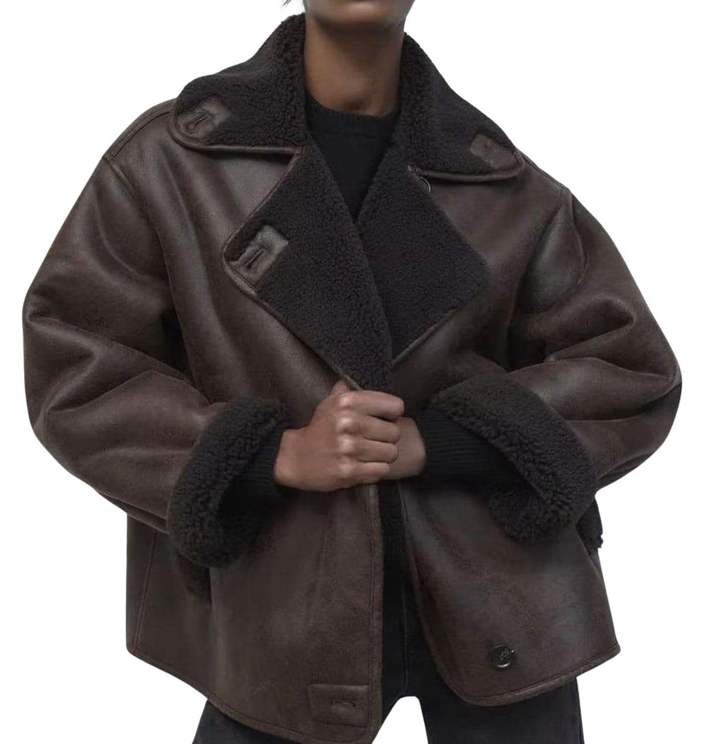 loveimgs Women Thicken Sherpa Lined Faux Suede Jacket Oversized Leather Coat Shearling Fleece Moto Jacket Biker Winter Overcoat (Small, Brown)