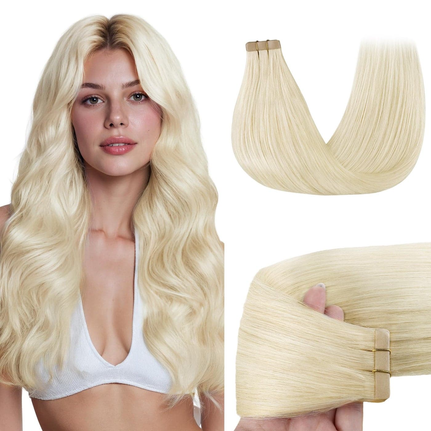GOO GOO Tape in Hair Extensions Human Hair 1000 Pure Platinum Blonde 22inch 50g 20pcs Skin Weft Seamless Invisible Silky Straight with Thick Ends Remy Human Hair